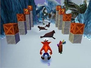 Screenshot of Crash about to run through a straight path of obstacles in Crash Bandicoot 2: Cortex's Revenge