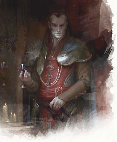 A painted portrait of Strahd von Sarovich in opulent garb holding a wine goblet.
