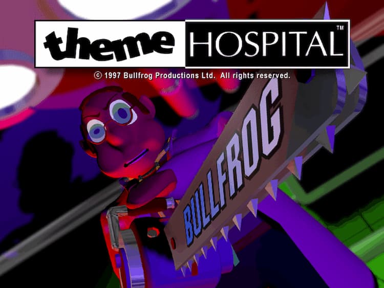 Theme Hospital’s title screen. A doctor holds a chainsaw with "Bullfrog" written across the blade.