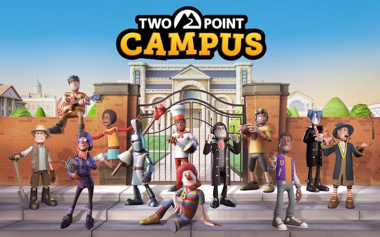 A selection of the students from Two Point Campus standing outside of the university gates. These include a clown, a football player and a wizard.