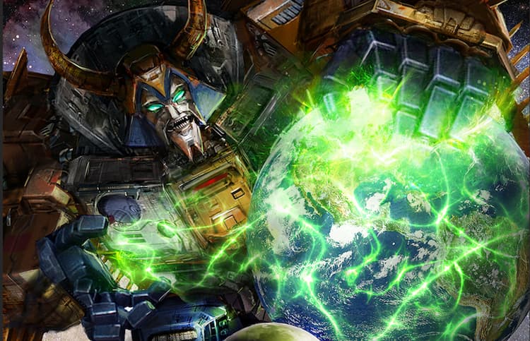 Fan art by DeviantArt
artist uncannyknack
featuring Unicron in space holding the Earth in his hand.