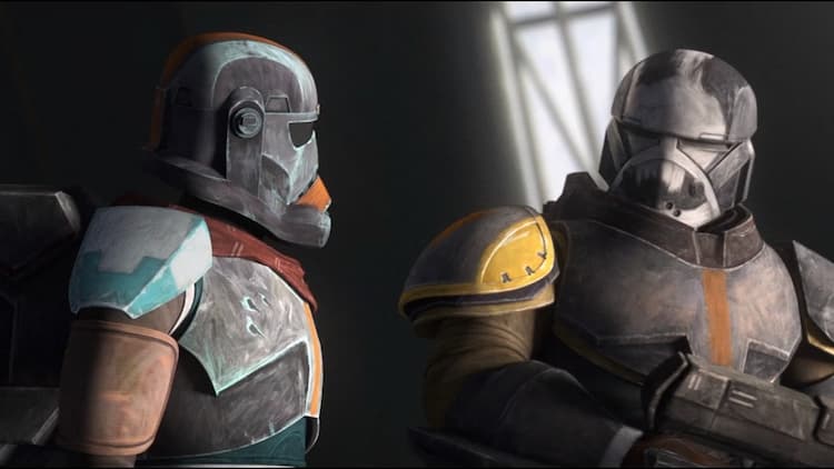 Hunter and Wrecker are talking with each other inside the castle in front of the broken window.