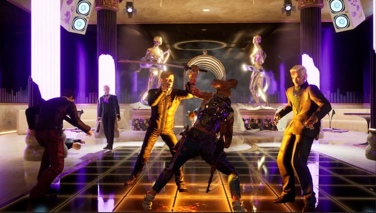 Hannah fighting synthetics on a club dance floor