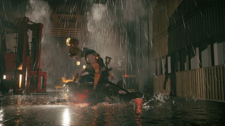 Hannah performing an execution on a soldier in the rain.