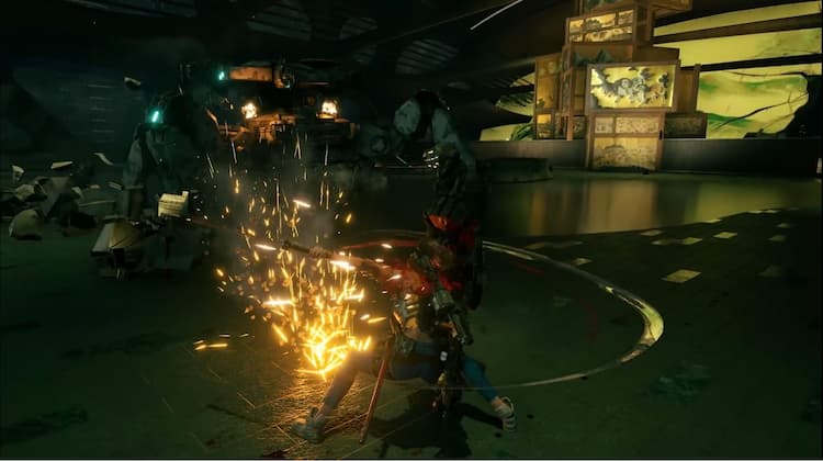 Hannah slicing an enemy in half while a giant spider tank approaches