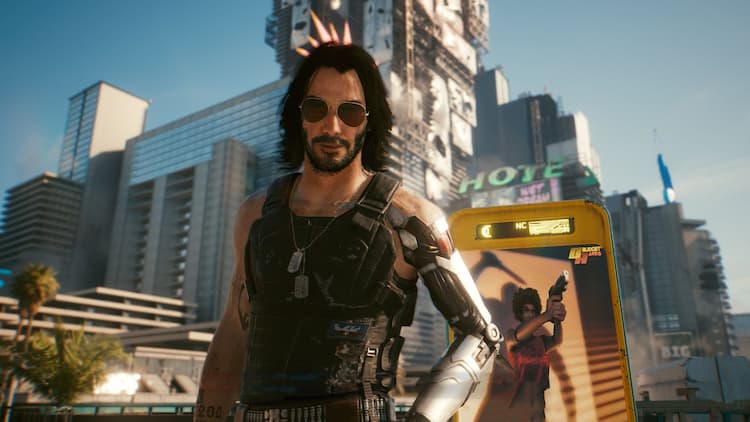 Johnny Silverhand is looking down through his sunglasses with various buildings and advertisements in the background. It's a sunny day.