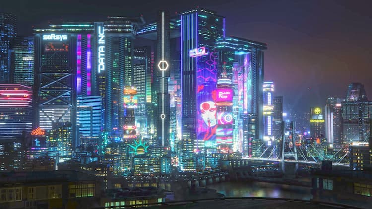 Night City is lit up during night. Various buildings, roads, and the water are all visable.