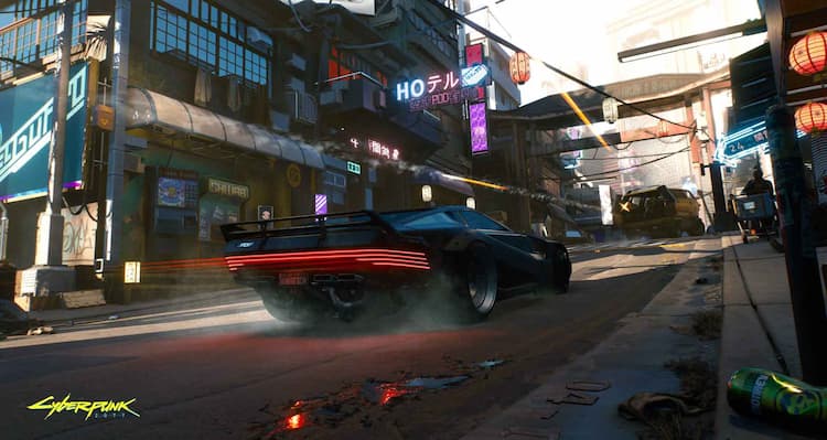 A car is driving down a street in the afternoon.