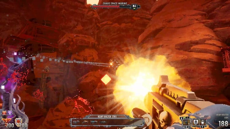 The Heavy Boltgun is fired at a Chaos Space Marine as the corpse of a Screamer of Tzeentch falls from the sky.