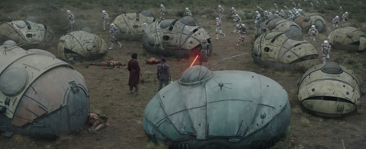 11 Noti fortress vehicles are overrun by troopers and Shin Hati. Ezra and Sabine stand in the middle of the vehicles