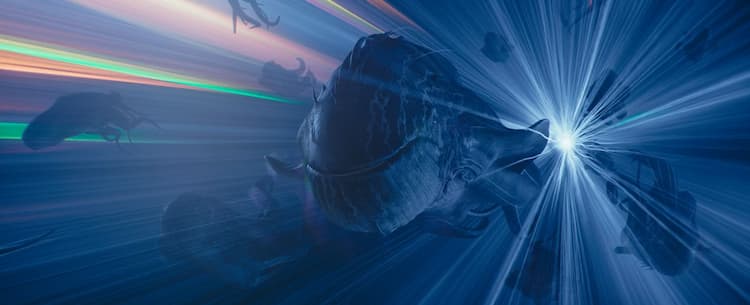 A schole of purrgil traveling through hyperspace with a bright light shining from behind