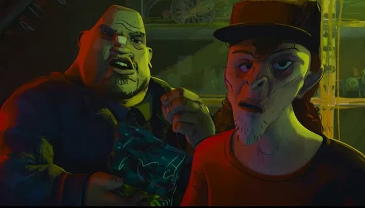 Two people are looking confused at something out of frame. The one to the right has a red shirt and trucker hat. The larger one to the left is wearing a jacket and eating some chips.