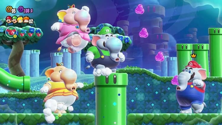 Mario, Luigi, Peach, and Daisy are all in their elephant forms. Green pipes with black eyes are scattered around the screen.The sky is distorted.