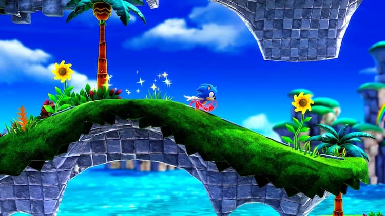 Sonic is running through a grassy stage. The platforms are suspended in the air and the ocean can be seen in the background.