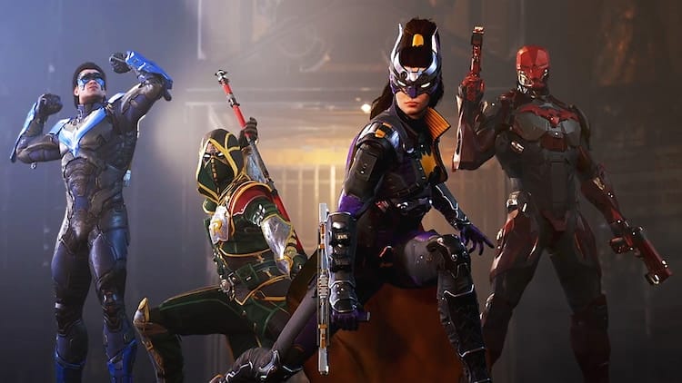 Four armored vigilantes striking a battle pose