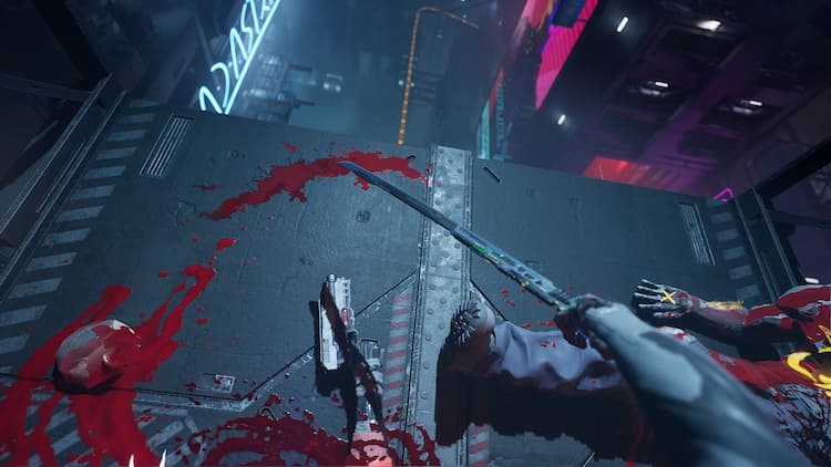 A sword is held in the player's right hand. Blood is on the metal floor. A decapitated head is on the left. An arm with a gun is on the bottom. A body covered in blood is on the right.