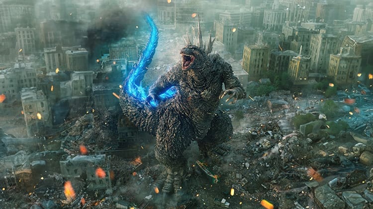 Godzilla Minus One Movie Poster, Godzilla roaring over smashed ruins