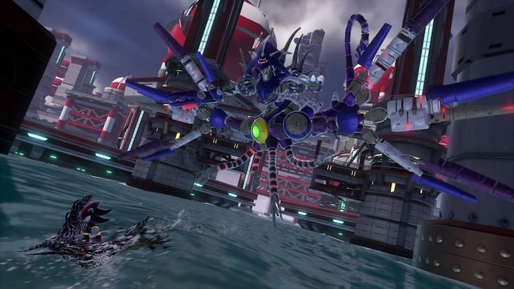 Shadow is on a black creature on top of the water. He is being chased by Metal Overlord. The sky is covered in dark clouds. They are in a refinery on the water.