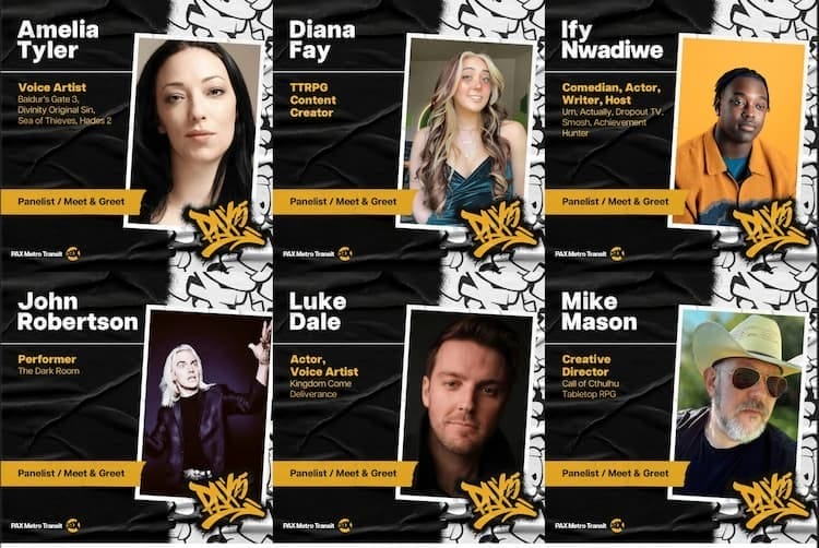 The first wave of guests announced for PAX Aus 2025. Six people have their faces in the image. Their names are to the left of their image, with a brief bio underneath each name. There is a yellow, black, and white colour scheme.