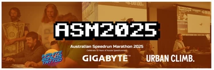 Promotional art for ASM2025. The logo for the event is in the middle. The event sponsors are listed at the bottom. The background has various images of people playing games, and is covered in a translucent orange hue.