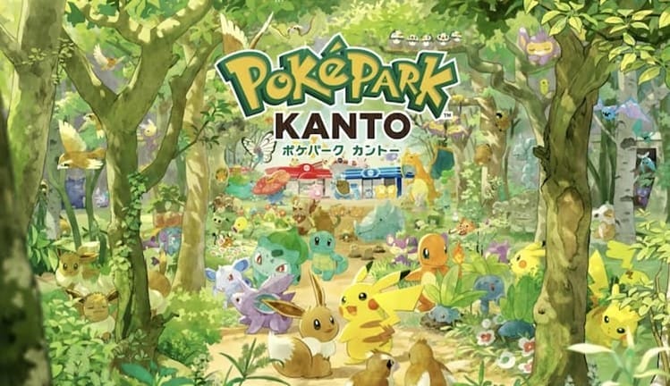 Promotional image for PokéPark Kanto. Various Pokémon are walking down the path through the forest towards the town. The logo is at the top. Sedge Town is in the background.