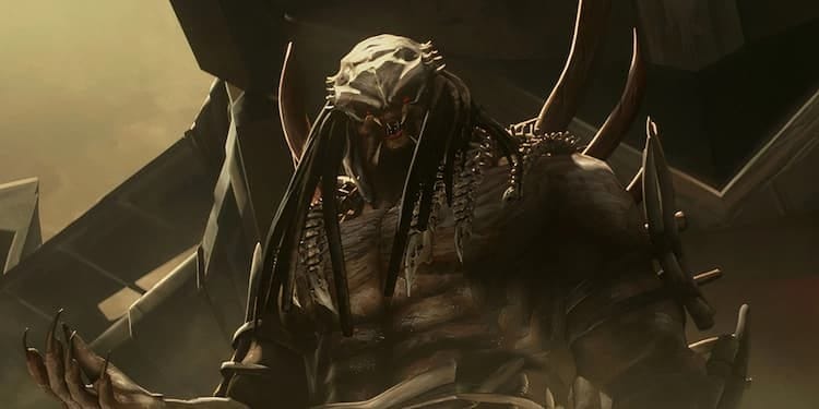 The Predator King is standing in front of his ship. It is raising his right hand with the palm facing upwards. It is looking down at people below it. It is wearing the bones of other creatures.