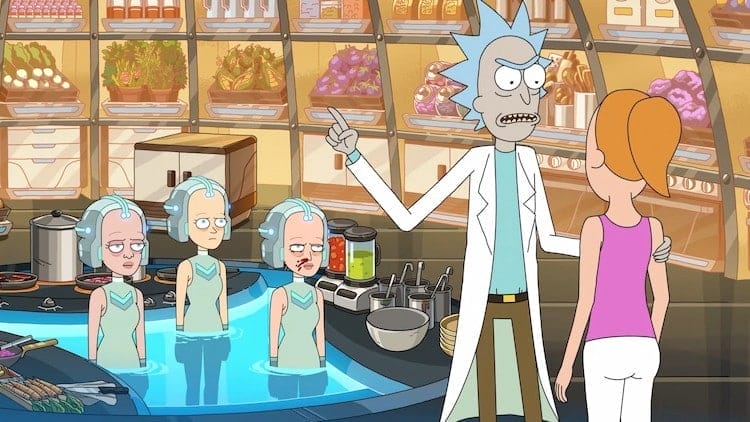 Rick is arguing with Summer. Three Precogs are standing in a pool surrounded by cooking equipment. One has a nosebleed.