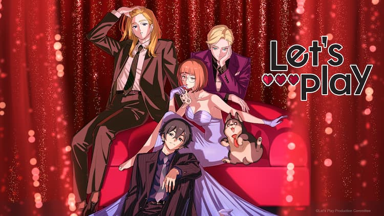 Key visual for Let's Play. The logo is in the top right corner. Samara is sitting in a red chair. She is wearing a light purple dress while holding a game controller. A dog with a tie is next to her. Three different men are placed around the chair. The background is covered in red curtains.