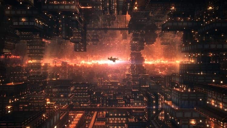 Tanjiro is falling through the Infinity Castle. The castle is ever-expanding, with geometric buildings as far as the eye can see. Tanjiro is in the middle with fake light behind him.