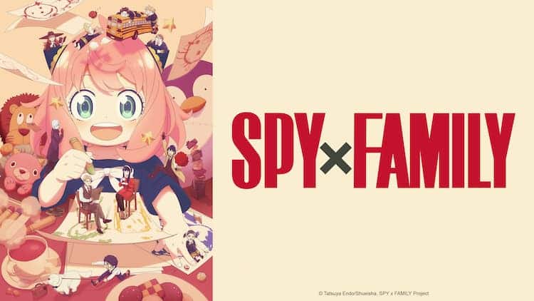 Key visual for SPY x FAMILY Season 3. The logo is on the right in red and black text on a beige background. Anya is on the left, playing with toys that look like Loid and Yor. Anya's other toys are crammed together in the background.