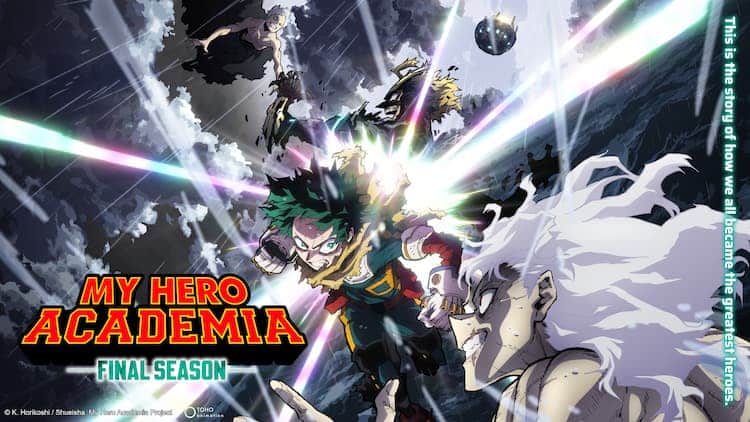 Key visual for My Hero Academia FINAL SEASON. Deku is fighting Shigaraki, with him preparing to punch Shigaraki. All For One and All Might are fighting in the background. All For One looks young. All Might is wearing an armoured suit. The logo is in the bottom left corner.