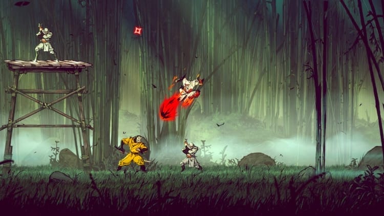 Joe Musashi aims a downward kick toward a ninja in yellow. Two other ninjas dressed in white are on the screen. They are in a bamboo forest.