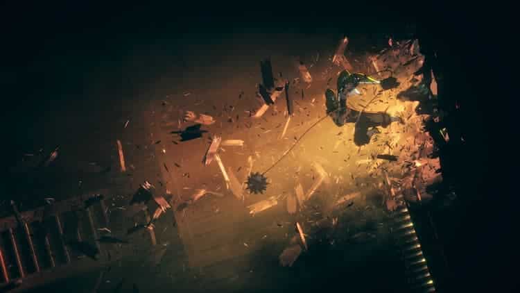 Gyomei breaks through a wall in the Infinity Castle. His weapon was thrown out in front of him. Pieces of the wall are thrown everywhere. The light is entering the area through the hall he created. Muichiro is following after him.