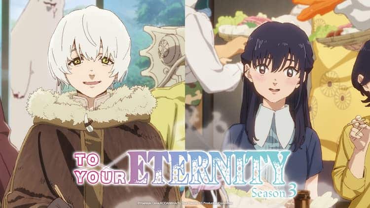 Key visual for To Your Eternity Season 3. The logo is at the bottom in the middle. Fushi is on the left, smiling while they sit down at a table. A bear with white fur and blood on its paw is behind them. A girl is on the right, sitting at the same table. She has a happy look on her face as she looks ahead. People with food are moving behind her.