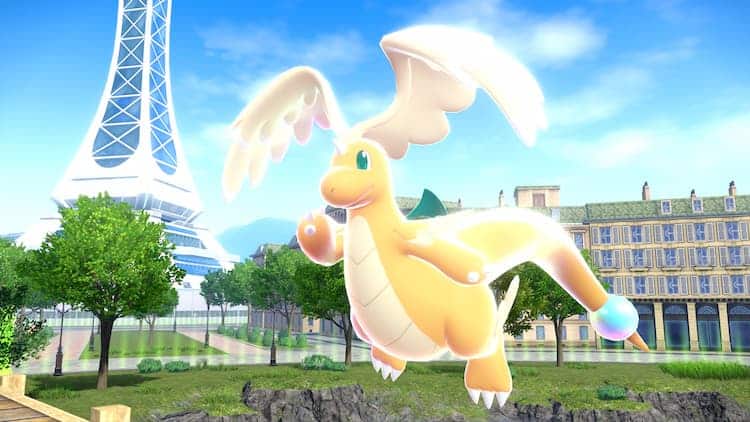 Mega Dragonite is flying through Lumiose City during the day.