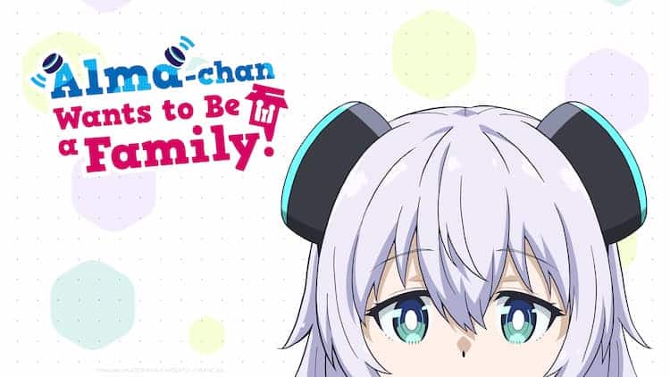 Key visual for Alma-chan Wants to Be a Family. The logo is in the top left corner. Alma's face is looking over the bottom of the image. Only the top part of her face is visible. Various coloured spots are barely visible in the background.