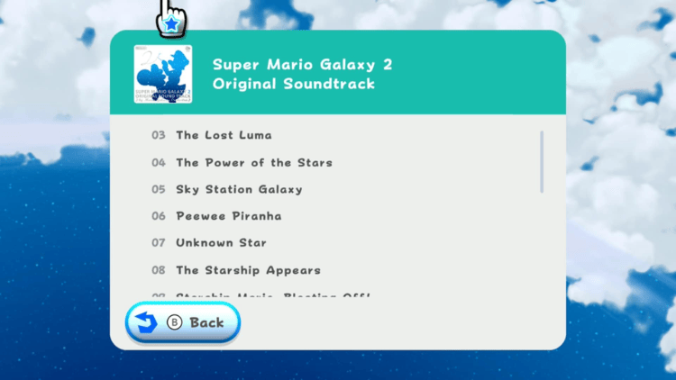 Screenshot of the soundtrack available to listen to in the game.