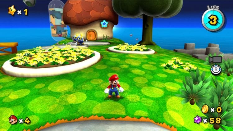 Screenshot of gameplay of Mario Galaxy 1 - Mario is standing on a planet, it looks vibrant and beautiful, with enemies in the background.