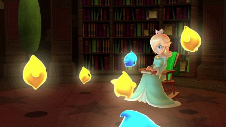 Screenshot of Rosalina sitting with cute little Lumas from the games. Looking very crisp in 4K resolution.