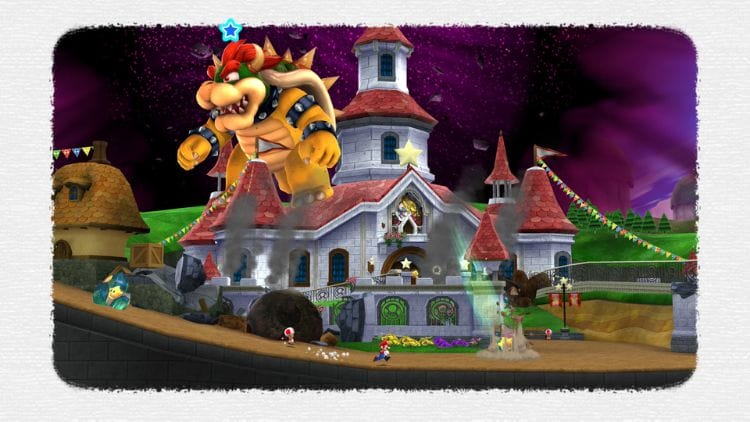 Screenshot of Bowser towering over Princess Peach’s castle. Mario is in the foreground.