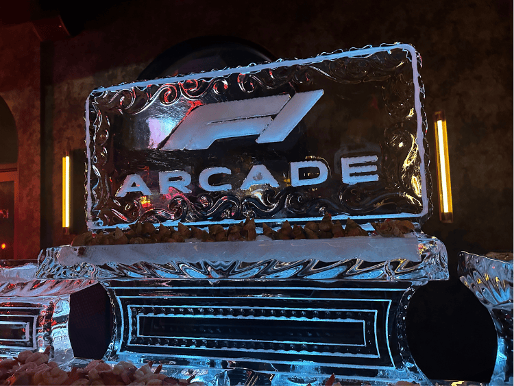 F1 Arcade logo etched into a block of ice