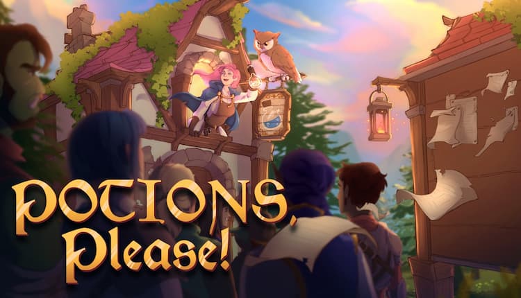 Key visual for Potions Please! The main character is hanging out the top window of their shop. She has bright pink hair. An owl is perched on the shop sign next to her. A large number of people are walking to her shop at sunrise. The game's logo is in the bottom left.
