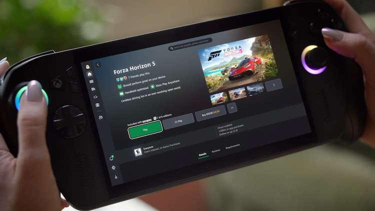 A person holding a ROG Xbox Ally X. They are looking at the store page for Forza Horizon 5.
