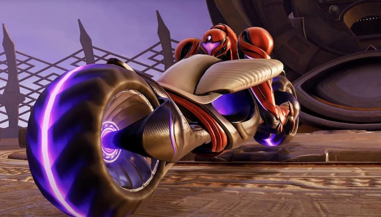Samus is riding an alien motorcycle. She is wearing a red variant of her armour. The motorcycle has glowing purple lines on the tyres and body. She is outside during the day.