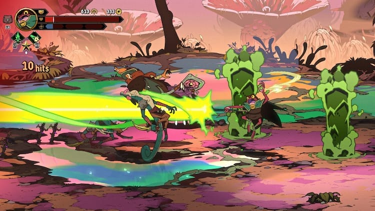 Gameplay of Brome using one of his special moves on two lizard creatures