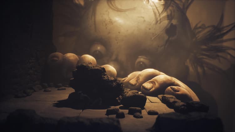 Screenshot of giant creepy baby, looking for Low and Alone as they hide.