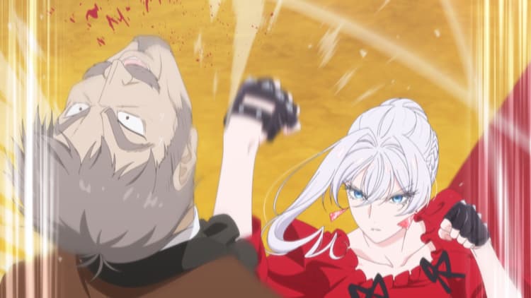 Scarlet is uppercutting a noble with her right hand. She has a determined look on her face. The noble has a look of confusion on his face. Blood is flying out of his face.