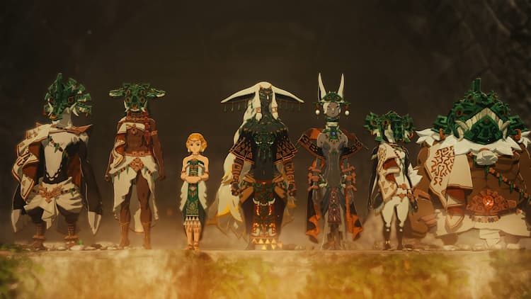 Zelda and her comrades stand side by side, looking in the same direction. The floor is reflective. Four of them are wearing green masks.