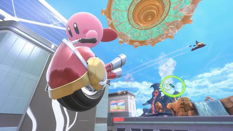 Kirby is riding a one-wheeled vehicle. They are falling after hitting a jump. The City Trials arena is in the background. A volcano can also be seen.