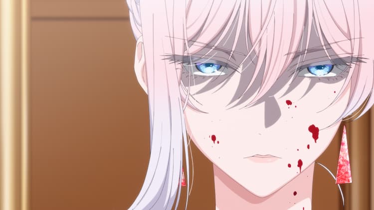 Scarlet has a death glare on her face. Other people's blood is on her face. She is staring at someone in front of her. A large wooden door is behind her.